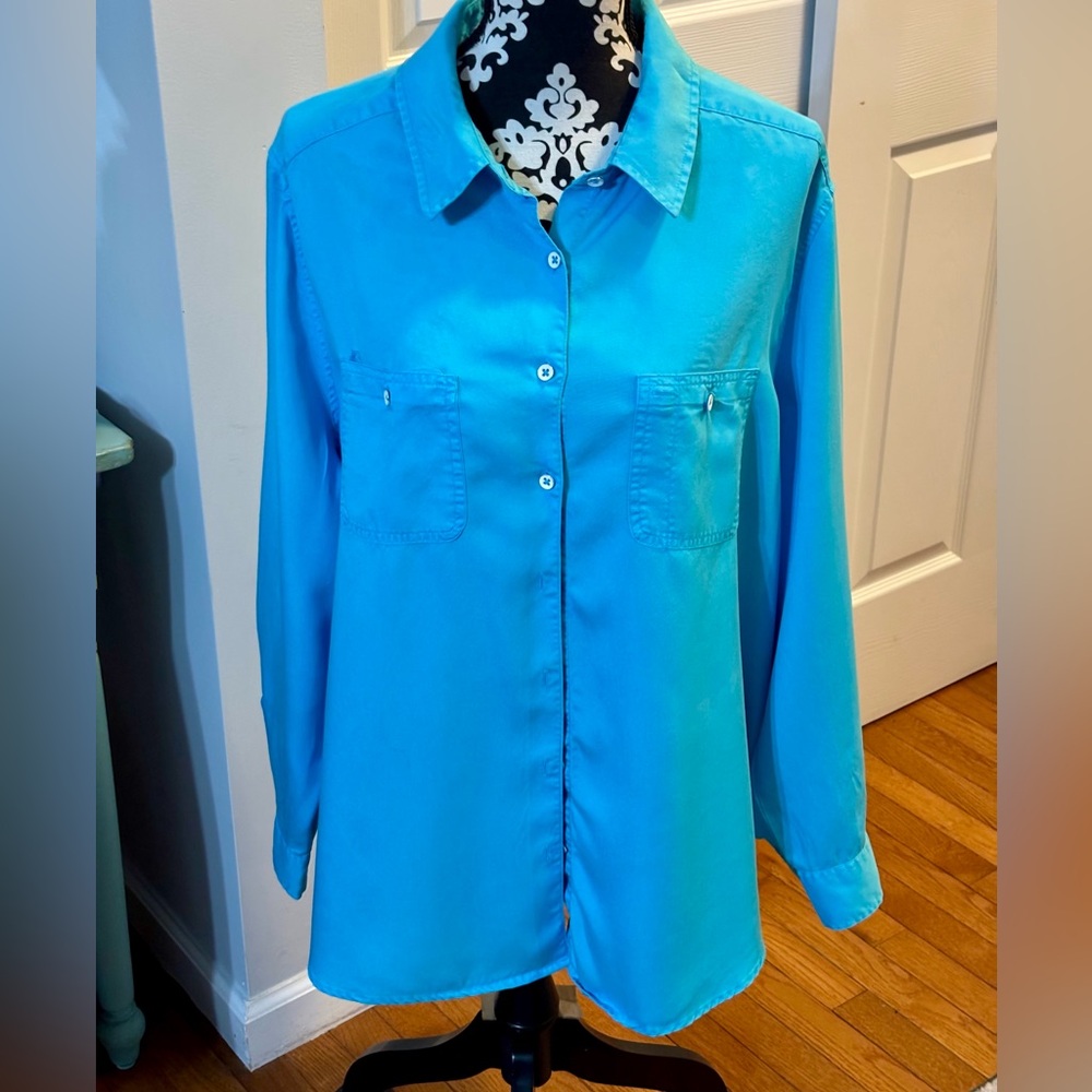FOXCROFT Womens Turquoise Button Down 100% Tencel Shirt 20W Plus Front Pockets - Picture 2 of 13